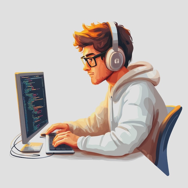 Photo young man coding at a computer in a cozy setting with headphones on focusing on software development and programming with colorful code visible on screen