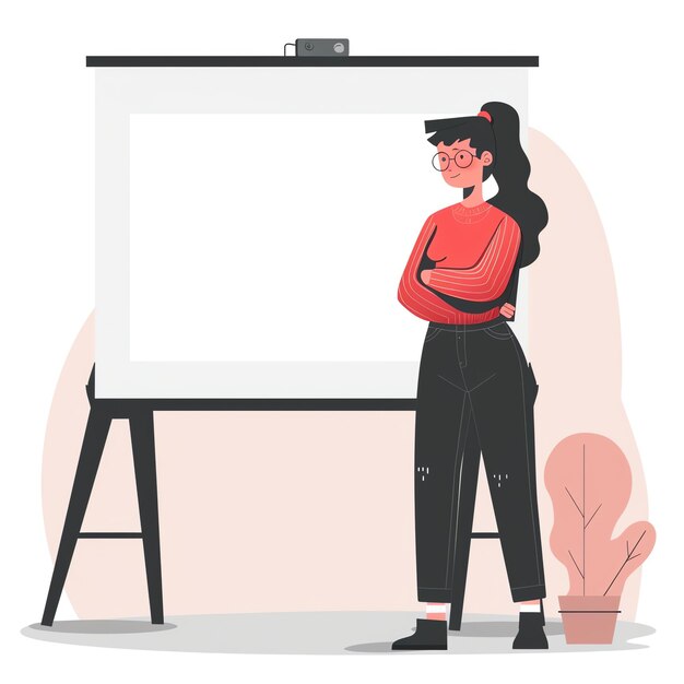 Photo young woman standing in front of a blank whiteboard with a camera at the top ready to present