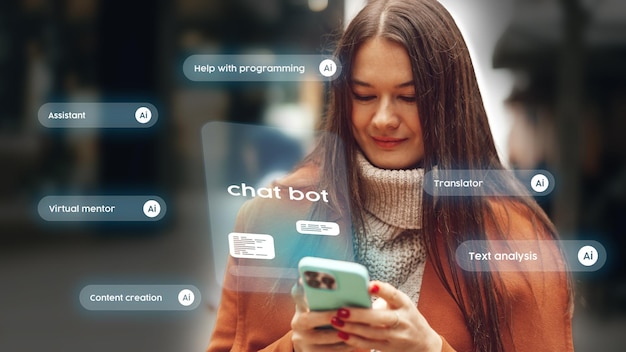 Photo young woman using smartphone to interact with ai chatbot for virtual assistance in programming