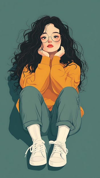 Photo a young woman with curly hair and glasses sits thoughtfully dressed casually in a cozy outfit