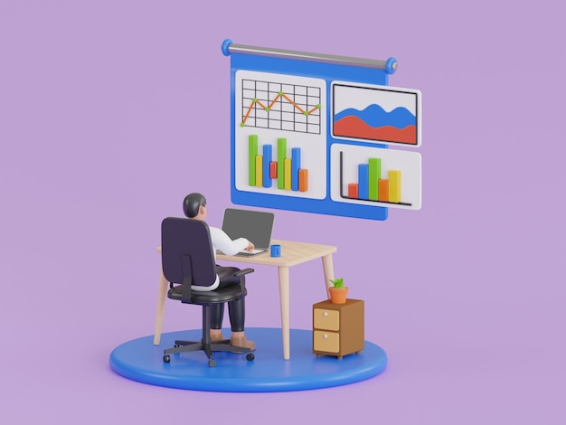 PSD 3d analyst working on business analytics dashboard with kpi charts and metrics to analyze data