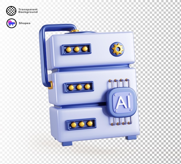 PSD 3d artificial intelligence server with ai chip icon render virtual cloud gpu server for big data processing neural network machine learning deep analytics and secure storage