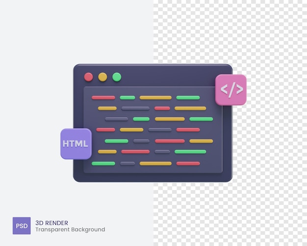 PSD 3d coding icon or program code or syntax code with html and css