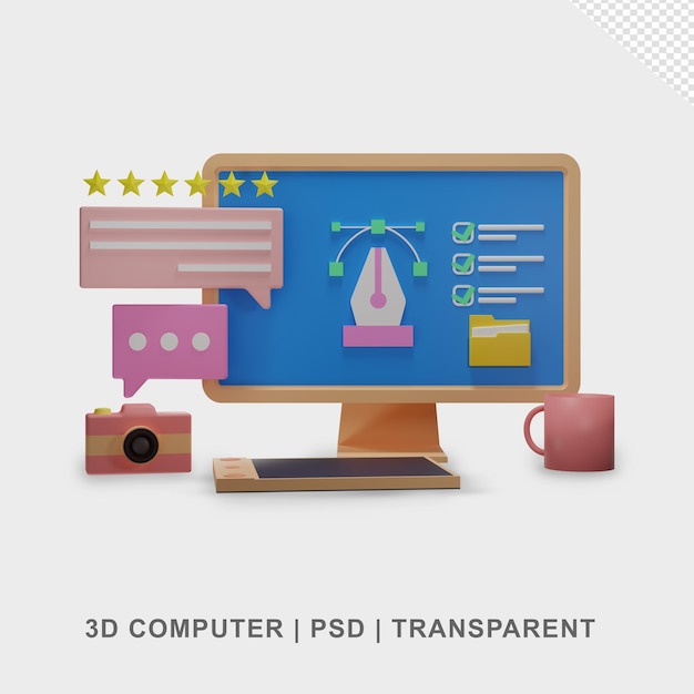 PSD 3d computer desktop with camera tablet bundle transparent no background