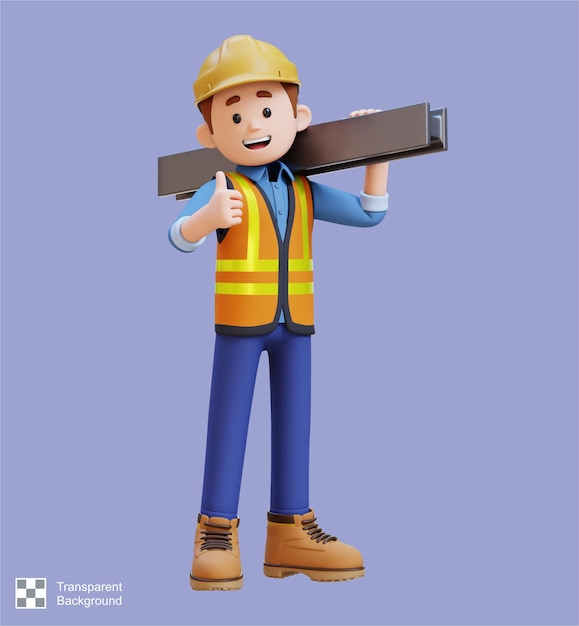 PSD 3d construction worker character carrying steel on shoulder