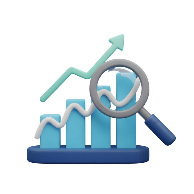 PSD 3d data analysis and growth chart with magnifying glass