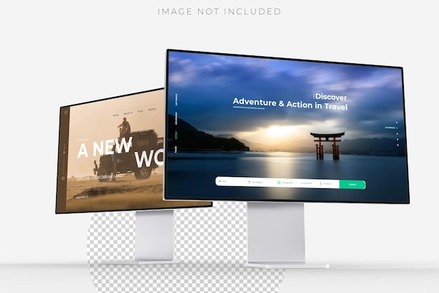PSD 3d desktop computer monitor with empty display device screen mockup blank screen isolated on background perfect for showcase websites apps browser interfaces business layout responsive design