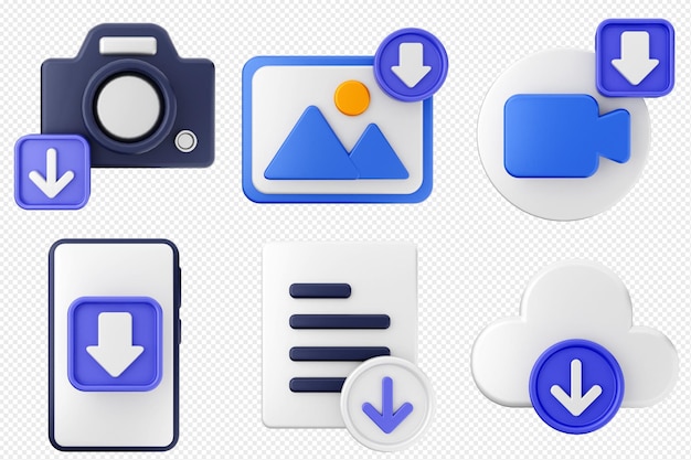 PSD 3d download data media icon set bundle