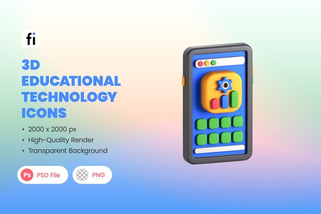 PSD 3d educational technology icons for mobile apps and e-learning