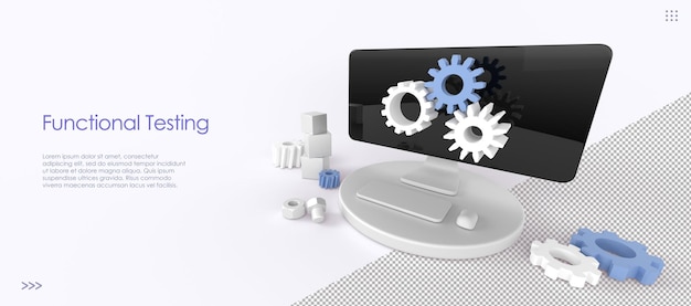 PSD 3d functional testing isometric landing page methodology of programming search errors and bugs in software quality control of program or app usability optimization for computer pc