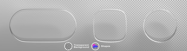 PSD 3d glass transparent button set with white light effect isolated on background crystal rounded rectangular square and round frame web or mobile app user interface design elements