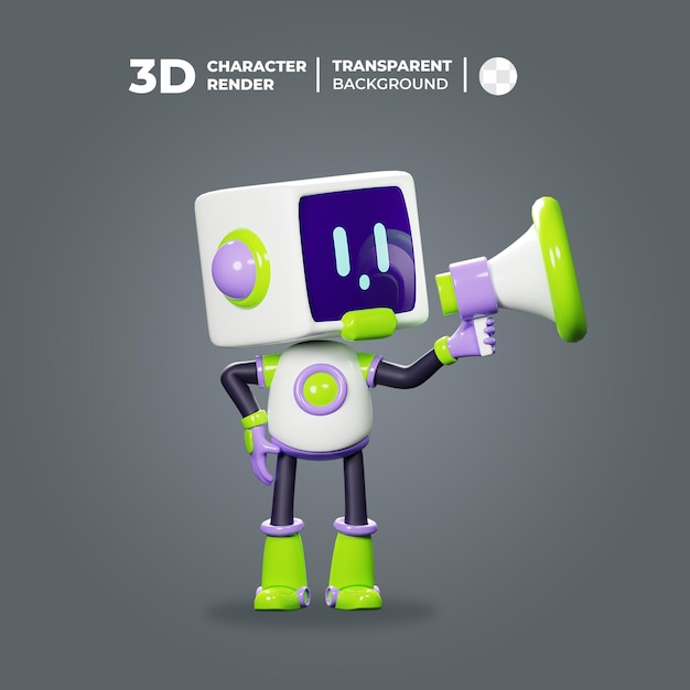 PSD 3d green robot character with megaphone