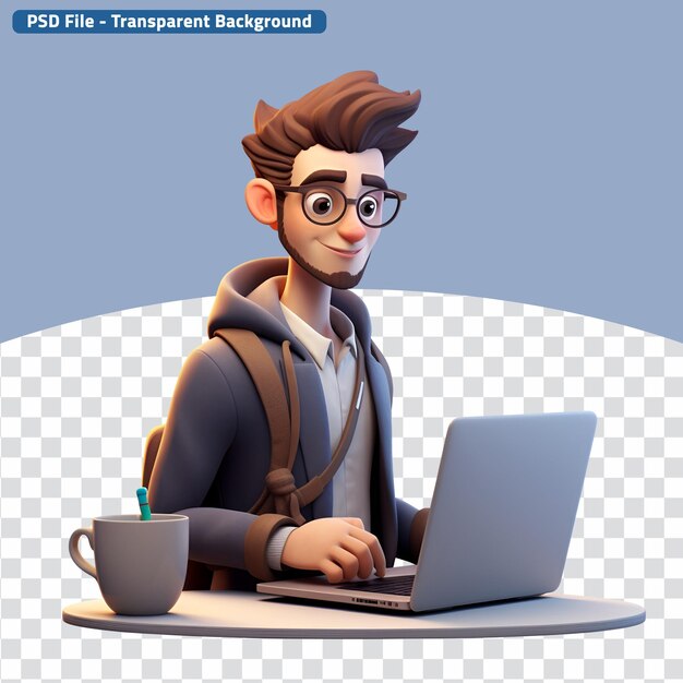 PSD 3d icon of a young man freelancer programmer