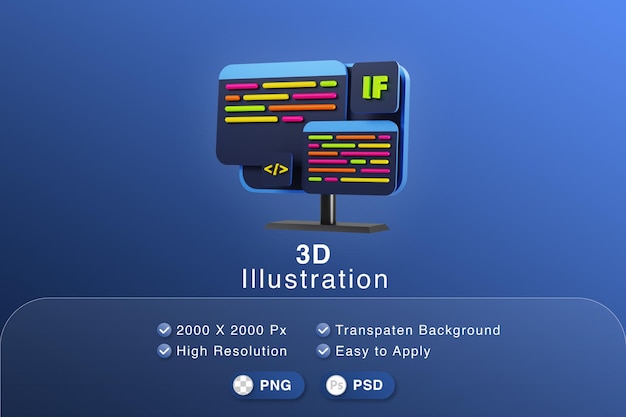 PSD 3d illustration computer with coding task for ui,ux design