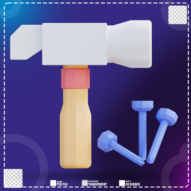 PSD 3d illustration of hammer and nails tool 2