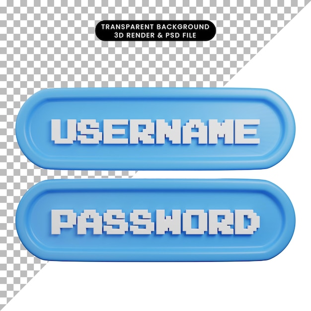 PSD 3d illustration of log in security 3d render style pixel font