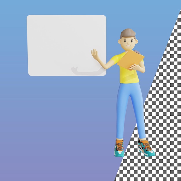 PSD 3d illustration of male character holding a note and pointing at the whiteboard 3d rendering
