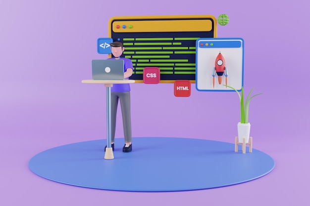 PSD 3d illustration of web development programming skills for website and mobile website programmer