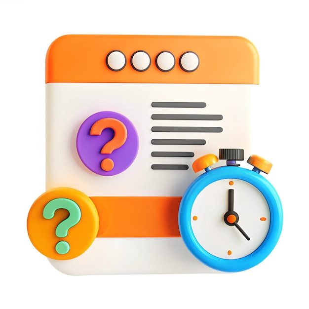PSD 3d illustration of a website with question marks and a stopwatch