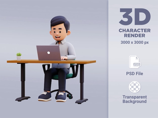 PSD 3d male character engaged in productive work on a laptop