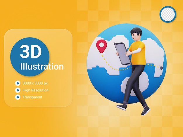 PSD 3d man is looking at a location on a map illustration