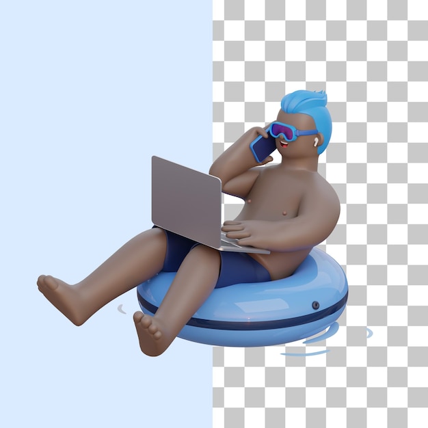 PSD 3d man sits on buoy with laptop