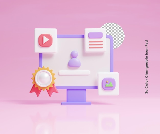 PSD 3d multimedia user interface on monitor or 3d multimedia website interface concept icon