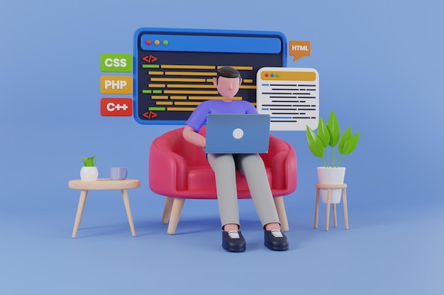 PSD 3d programmer engineer illustration concept of script coding and programming web site