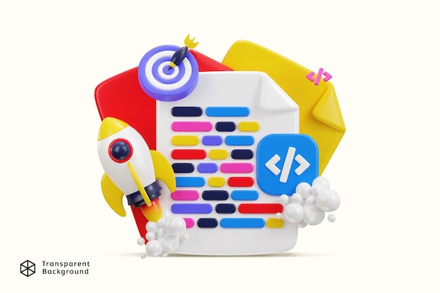 PSD 3d programming language with target on web development coding symbol with rocket for programmer icon