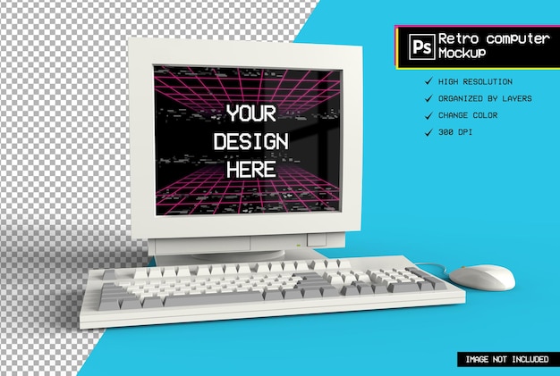 PSD 3d realistic isolated retro computer render mockup