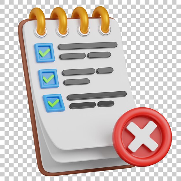 PSD 3d render checklist with completed and failed tasks icon