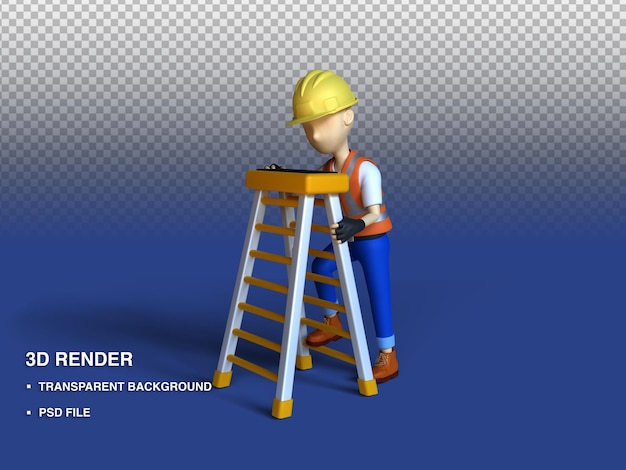 PSD 3d render illustration construction worker climbing stairs pose, psd file