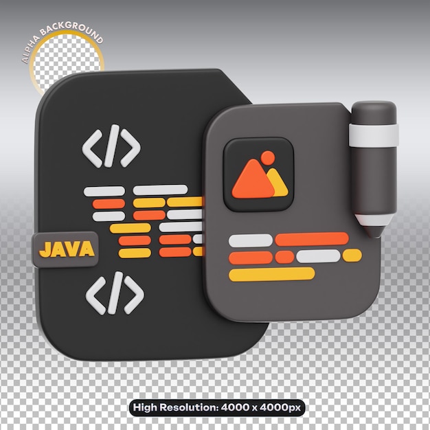 PSD 3d render of java programming code and media file icons