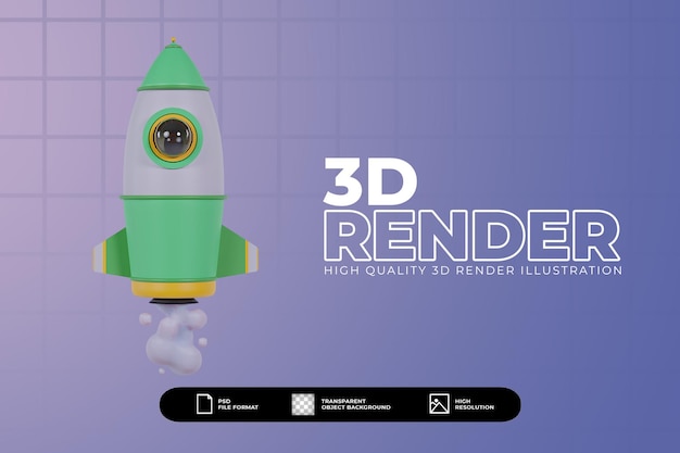 PSD 3d render pastel green rocket launch illustration