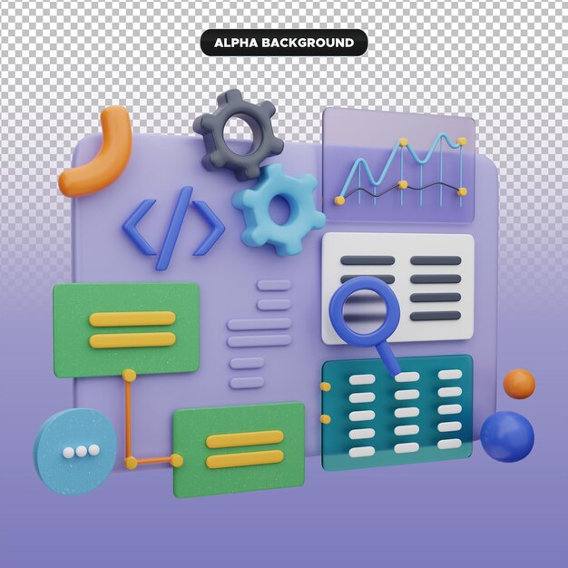 PSD 3d render of software development data analysis and workflow optimization concepts