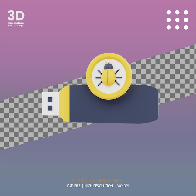 PSD 3d render usb virus illustration