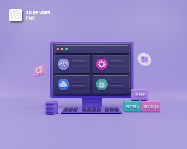 PSD 3d render web development, software development, web design, coding and programming