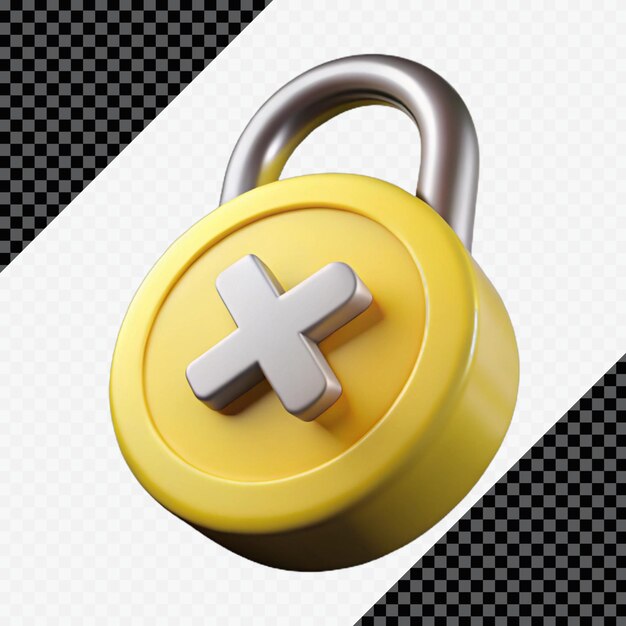 PSD 3d render of a yellow padlock with a white plus sign