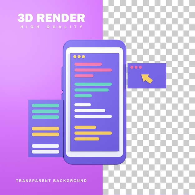 PSD 3d rendering app development concept with programming language.