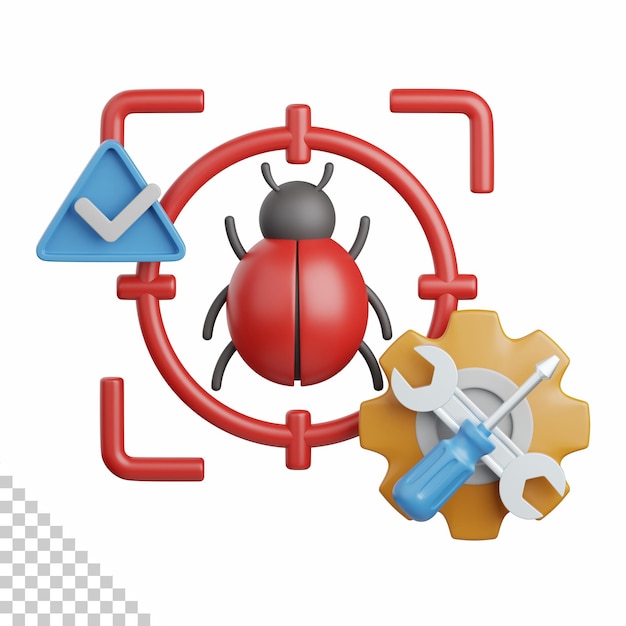 PSD 3d rendering bug fixing isolated useful for technology, programming, development, coding, software, app, computing, server and connection design element