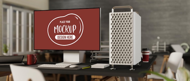 PSD 3d rendering computer mockup desk with office supplies