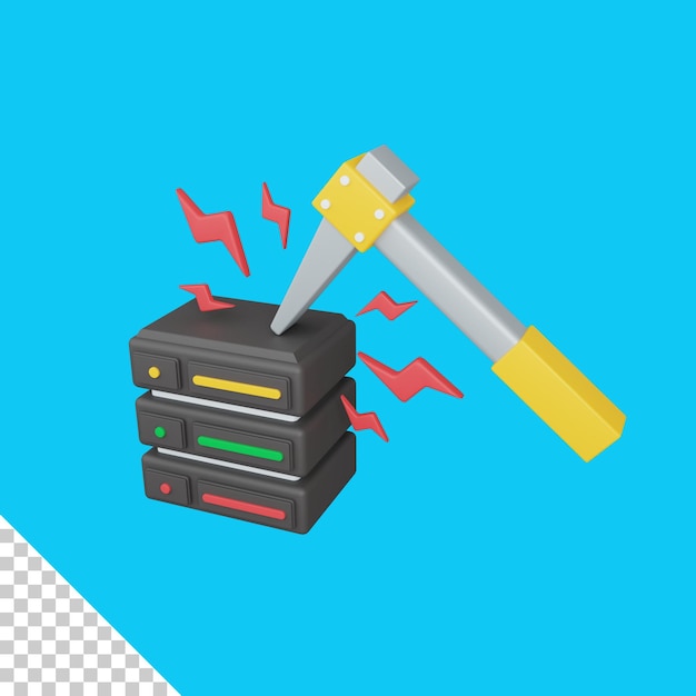 PSD 3d rendering data mining concept with hammer and colorful server symbol useful for server it