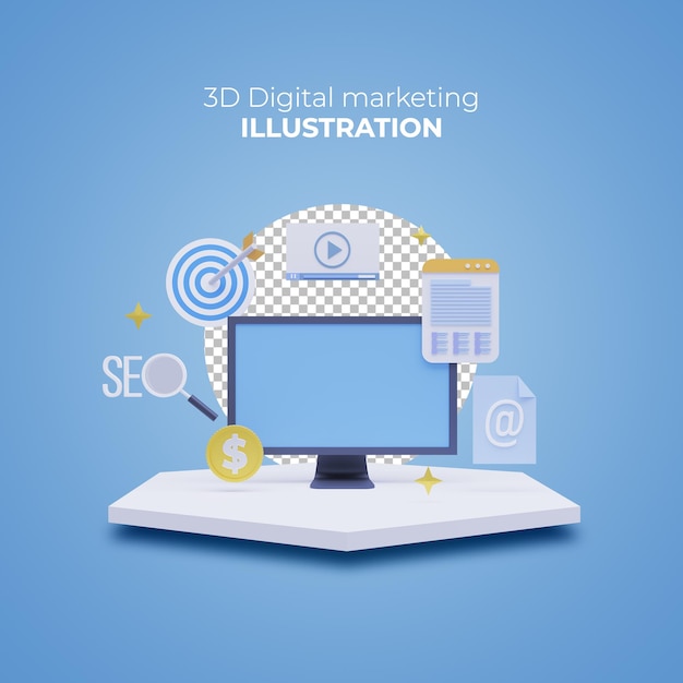 PSD 3d rendering digital marketing concept with a computer and icons