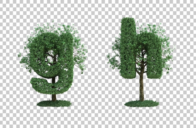 PSD 3d rendering of green tree letter g and letter h