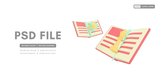 PSD 3d rendering hobby icons include books chess pieces and cube puzzles