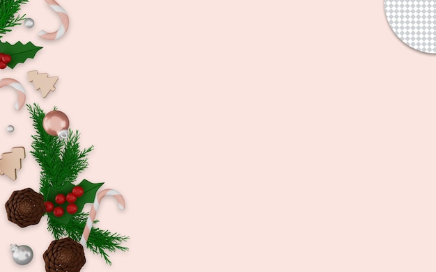 PSD 3d rendering of merry christmas ornaments on pink background