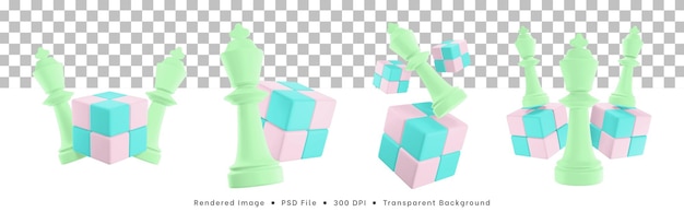 PSD 3d rendering set of chess pieces icon with cube puzzle