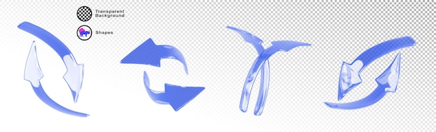PSD 3d set of blue curve arrow isolated render icon two circular arrows up and down left and right different angles view symbol of refresh reload repeat update and synchronization