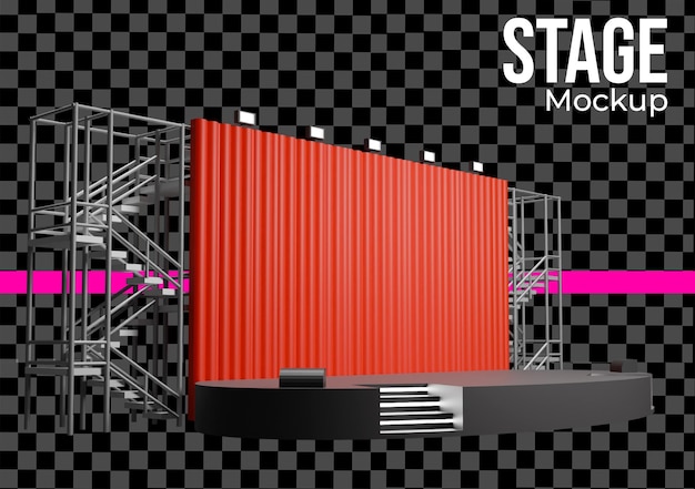PSD 3d stage mockup with red backdrop and scaffolding