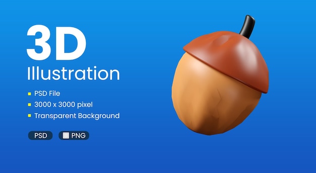 PSD acorn icon 3d rendering with alpha background